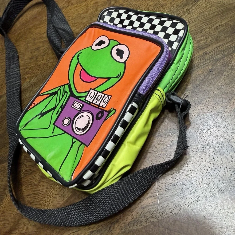 Vintage 80s Kermit The Frog Muppets Shoulder Small Bag Neon Phone Camera
